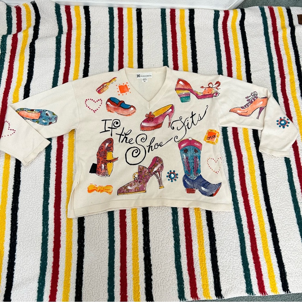 Vintage custom hand painted “if the shoe fits” v neck sweater